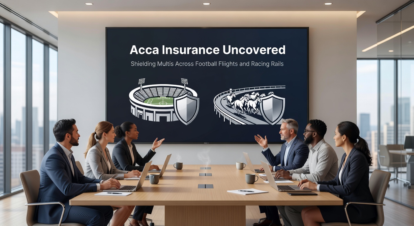 Dynamic image of galloping horses on a racetrack overlaid with football stadium elements, featuring an insurance shield protecting a multi-leg betting slip