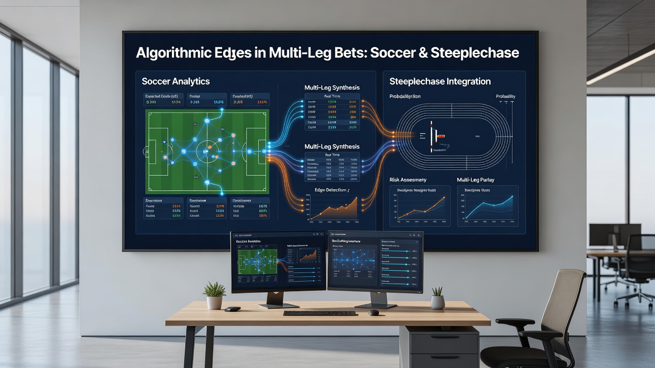 Steeplechase race in progress alongside soccer match data overlay used in algorithmic betting models