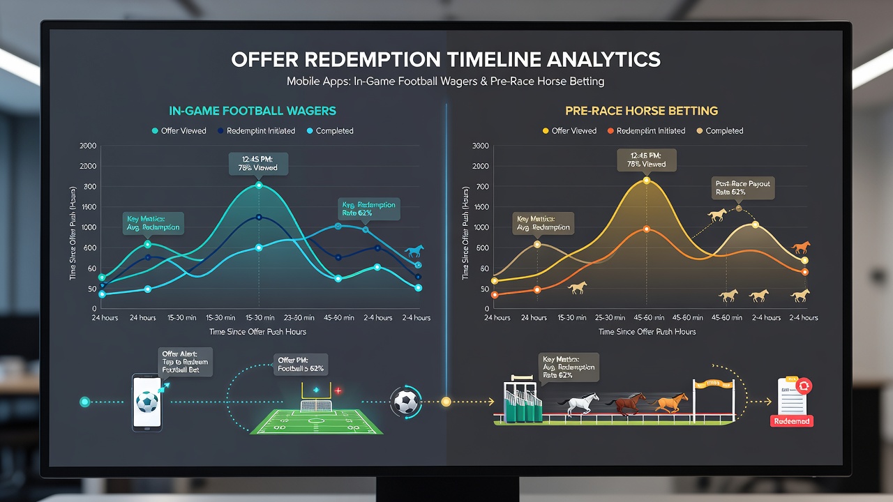 Analytics dashboard displaying redemption timeline statistics for football and horse racing offers