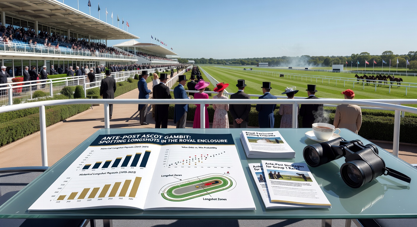 Close-up of a determined jockey urging a longshot thoroughbred down Ascot's straight mile, crowd blurred in excitement amid the Royal Enclosure backdrop