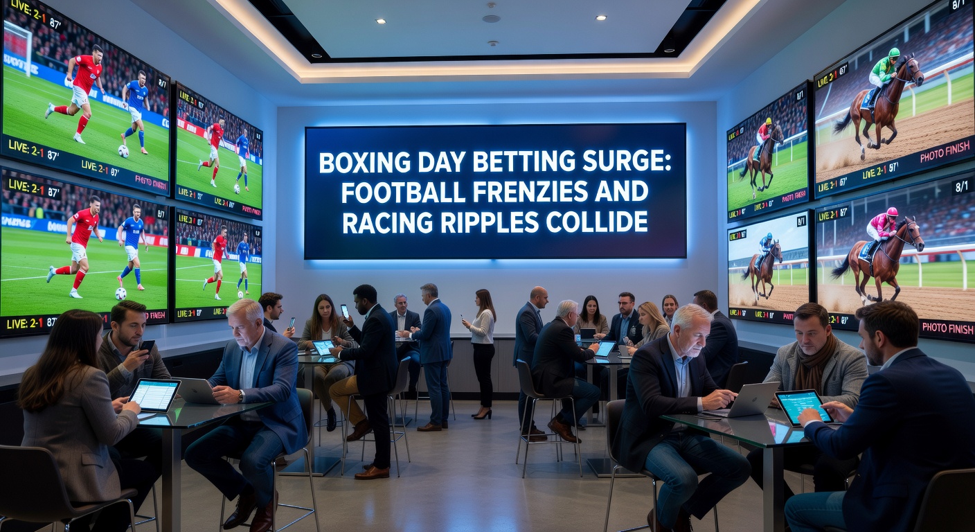 Close-up of jockey urging horse over a jump at a Boxing Day race meeting, with overlaid betting slips and odds screens highlighting each-way payouts and live updates