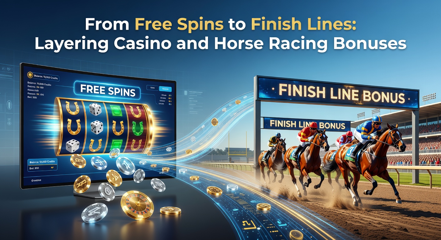 Digital dashboard showing layered bonuses: free spins balance converting to horse racing free bet credits on a unified platform