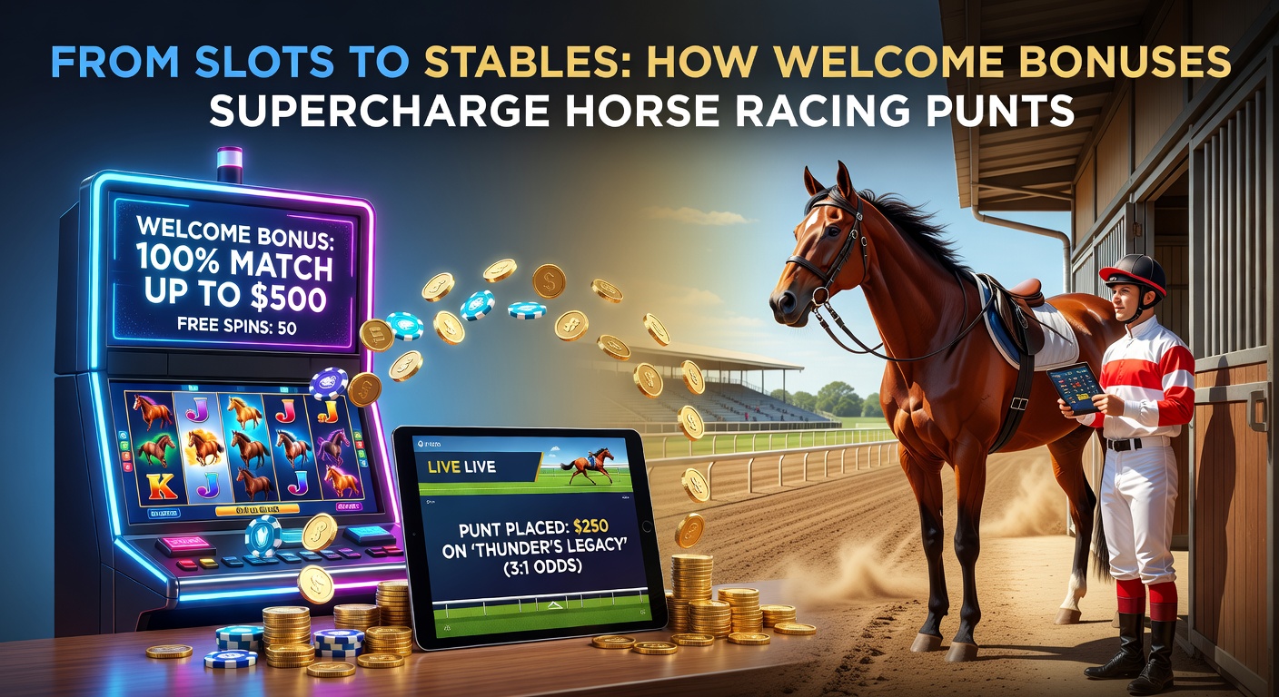 Close-up of a bookmaker's app displaying a welcome bonus claim for horse racing, with stable scenes and slot icons in the background, highlighting the seamless shift from casino to track betting