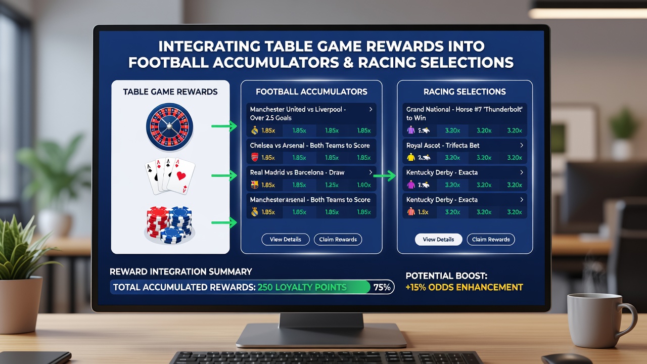 Screenshot-style image showing merged betting interfaces where table game bonuses appear alongside accumulator builders and racing selection tools