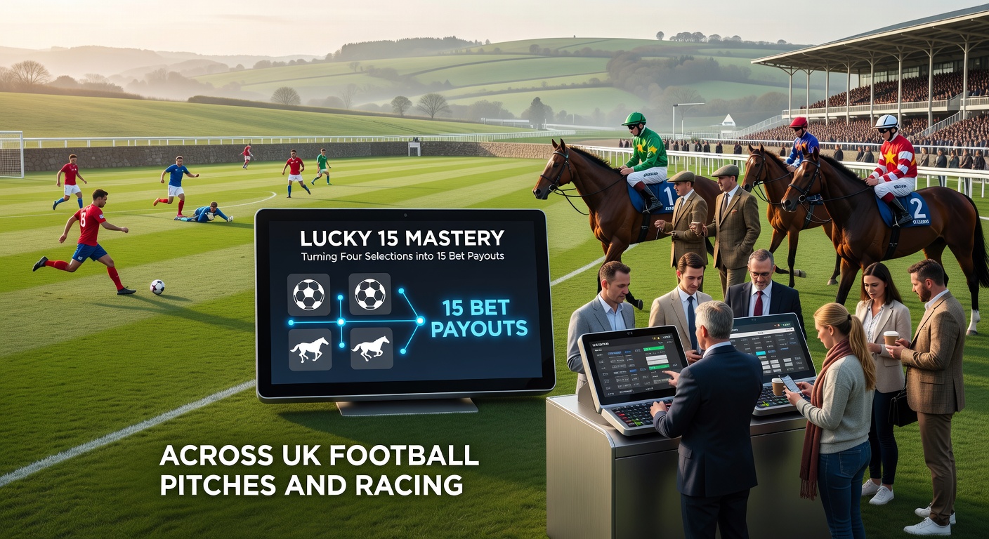 Thrilling horse racing scene at a UK track, with punters checking slips amid galloping thoroughbreds and turf flying