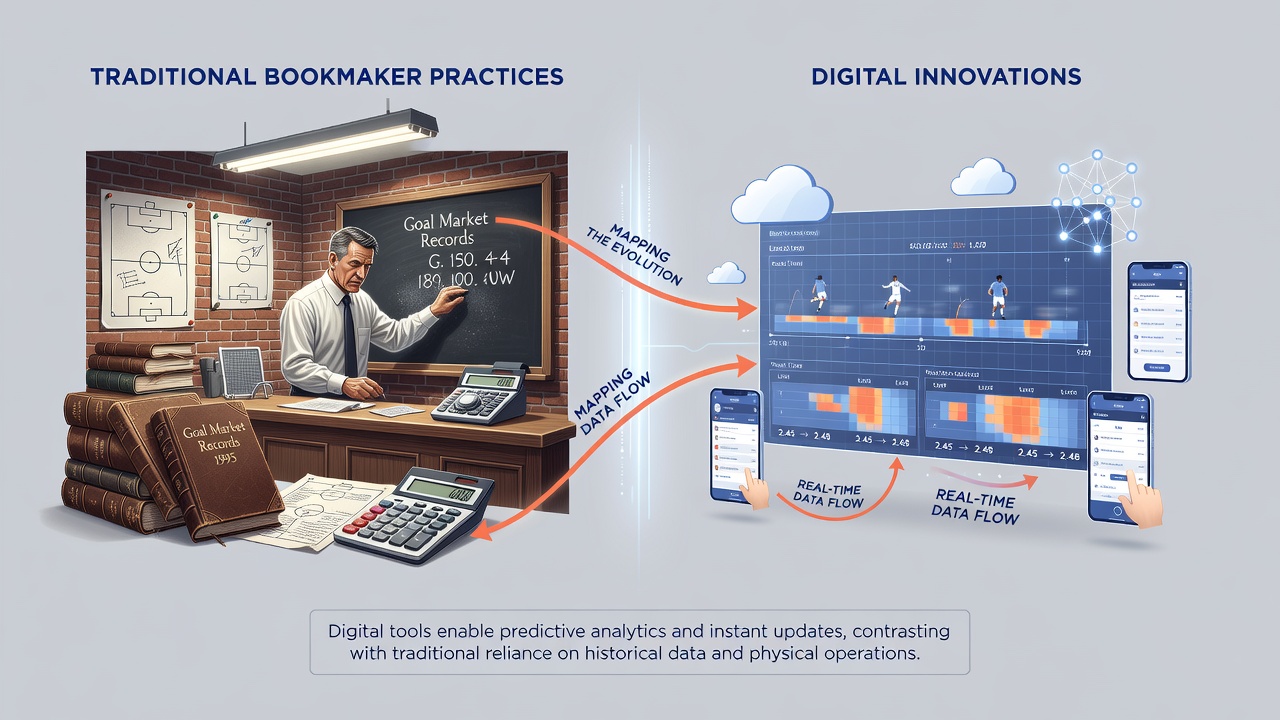 Algorithmic dashboards monitoring football goal probabilities next to traditional racing handicap calculation boards