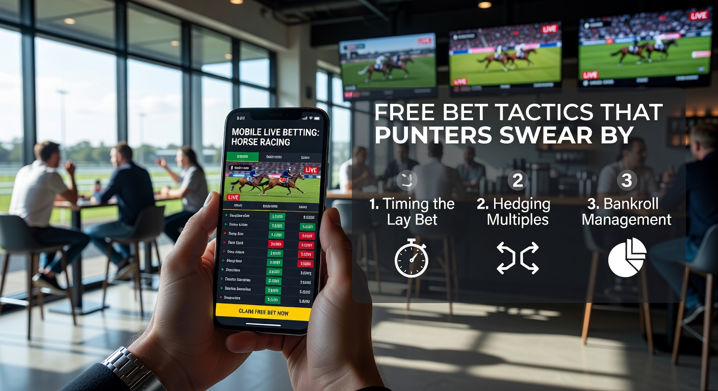 Close-up of a punter's hand holding a phone with a live horse race stream and free bet confirmation popping up