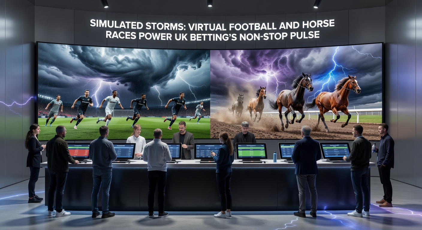 Close-up of a virtual horse race simulation interface, displaying galloping horses, live odds, and betting slips on a mobile betting app