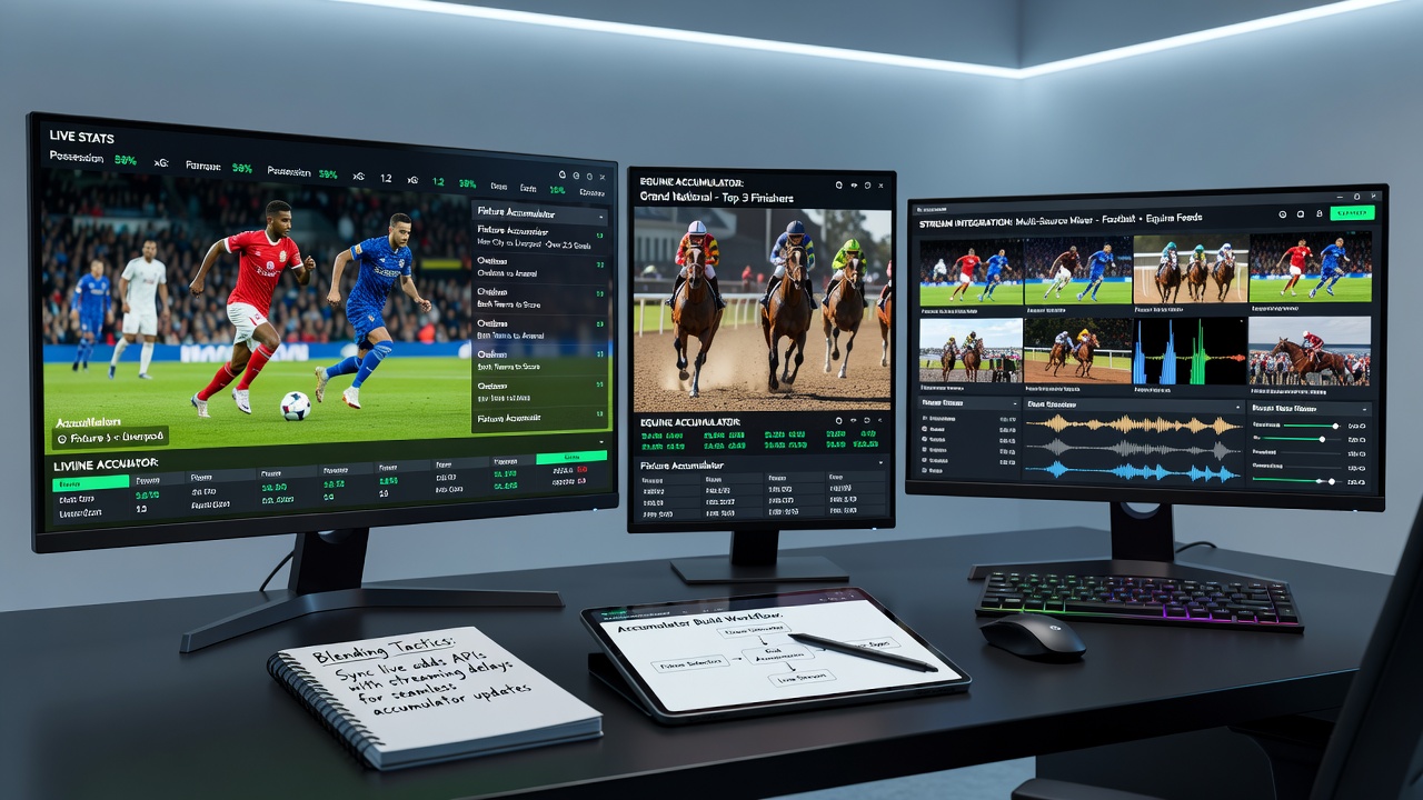 Horse racing live stream with accumulator builder showing multi-race selections and real-time odds