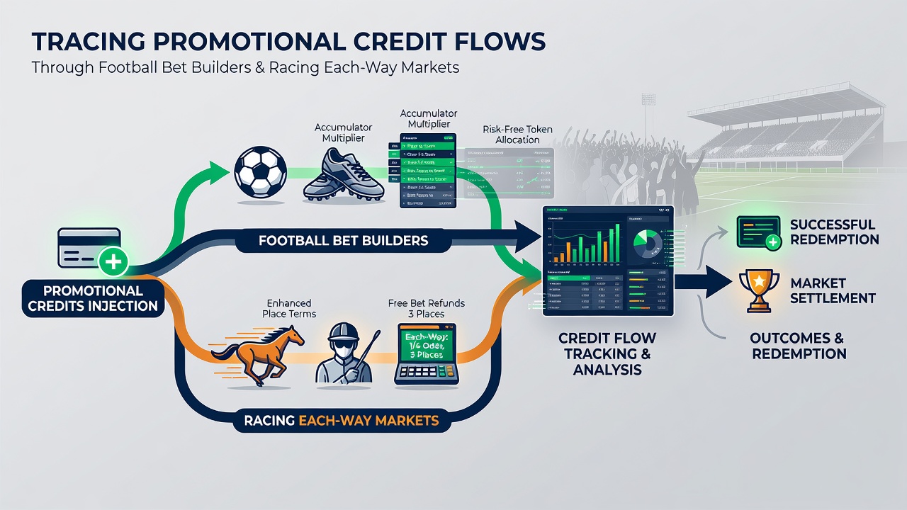 Diagram of credit movement through each-way racing bets and football bet builder combinations