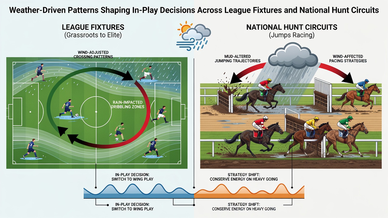 National hunt race under changing weather conditions with visible ground impact